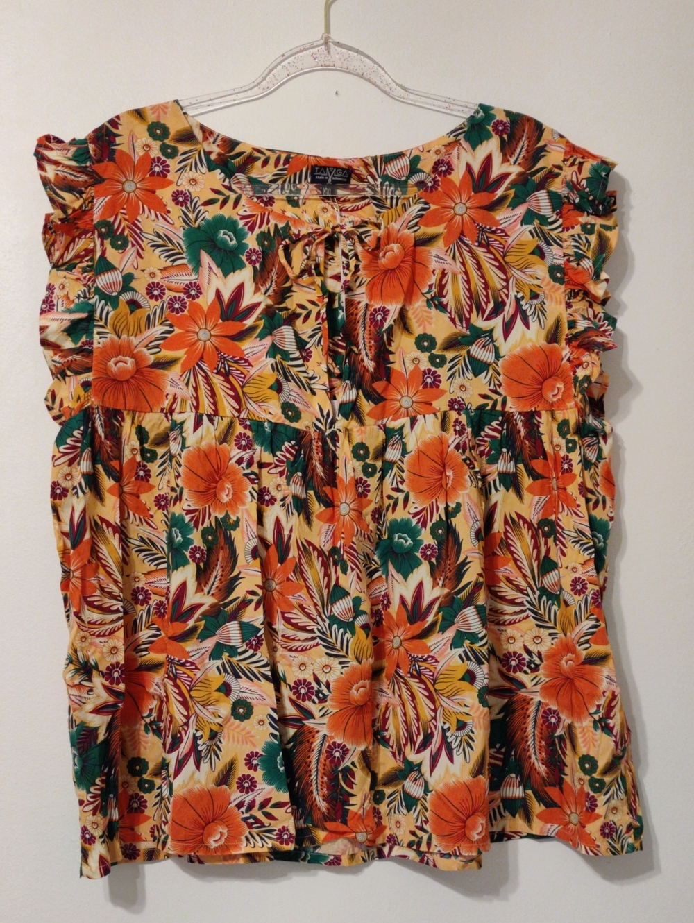 TAMGA Yellow Tropical Floral Tie-Neck Ruffle Sleeve Blouse